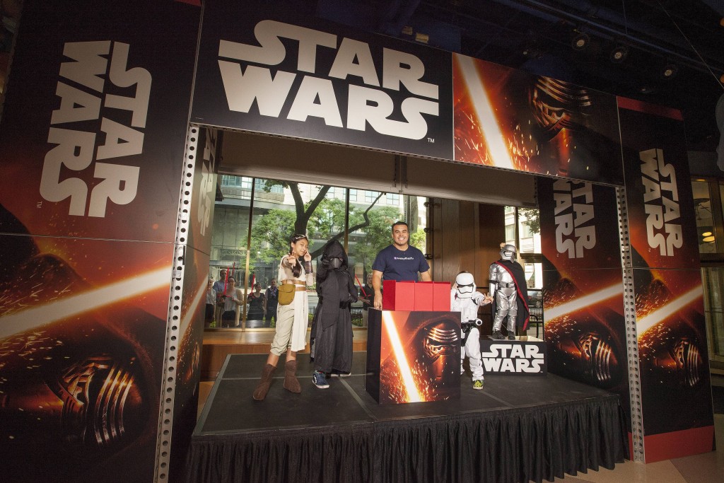 CHICAGO CAPTION:.HobbyKidsTV, a family of digital stars from the Maker Studios network, unboxed Star Wars: The Force Awakens role play from Disney Store at the Michigan Ave store in Chicago, Illinois on 3 September 2015 as part of the epic global event marking the countdown to ?Force Friday? when merchandise from the highly anticipated new movie goes on sale. Fans can tune in to watch live unboxing events, which unfolds over 18 hours, in 15 different cities and 12 countries on the YouTube Star Wars channel. Retailers around the the globe will open their doors at midnight on 9/4 and fans can document their experiences using #ForceFriday..
