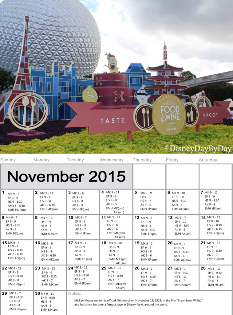 Walt Disney World - November 2015 Calendar - DisneyDayByDay