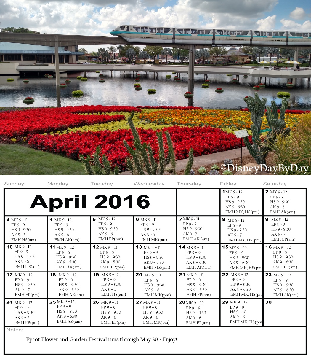 Disney World April Calendar - DisneyDayByDay